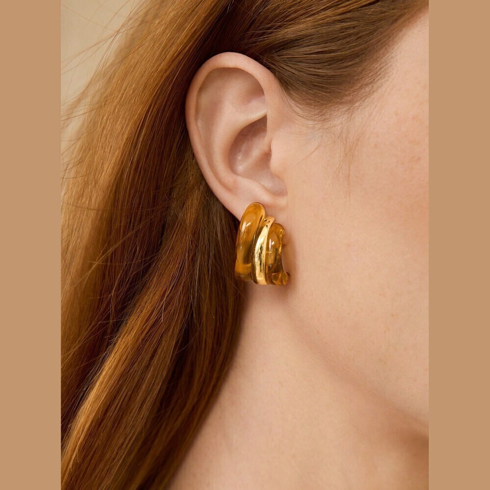 Tortoise Resin Gold Tone Chunky Ribbed Hoop Stud Earrings